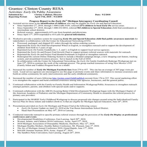 Early On Public Awareness Report of Activities