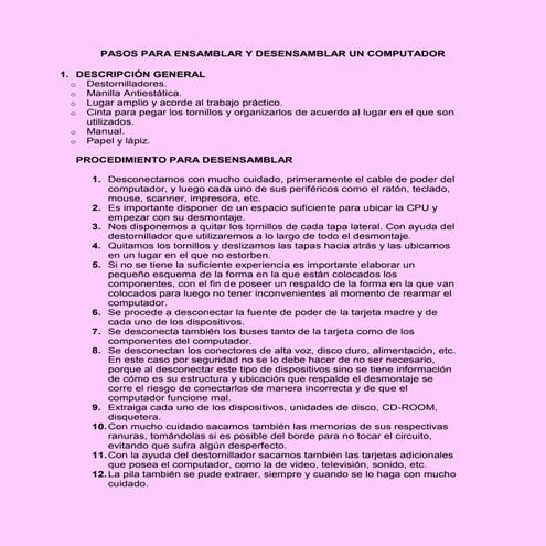 Pasos para ensamblar y desensamblar un computador