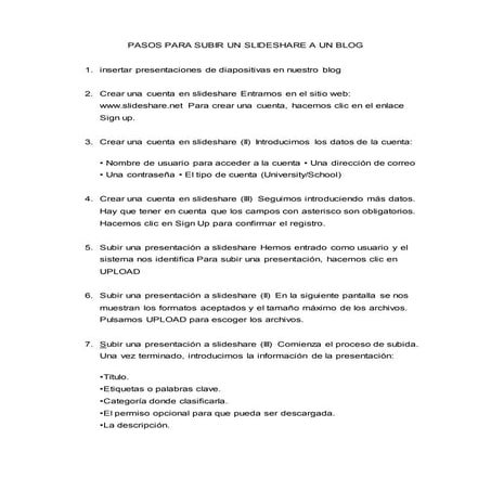 Pasos para subir un slideshare a un blog