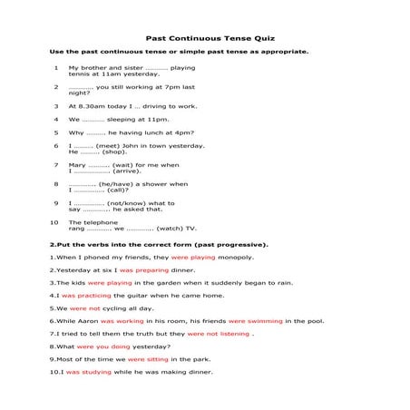 Past continuous tense quiz key
