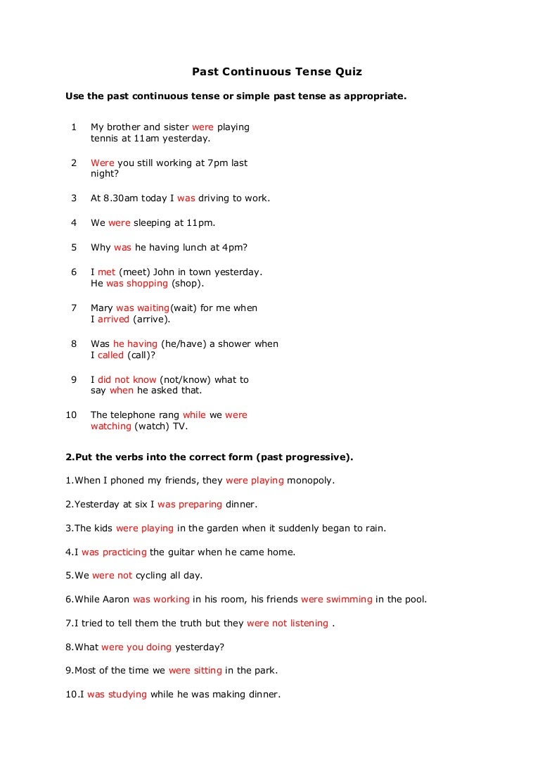 Past continuous tense quiz key