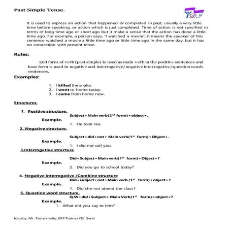 Past indefinite tense work sheet new method