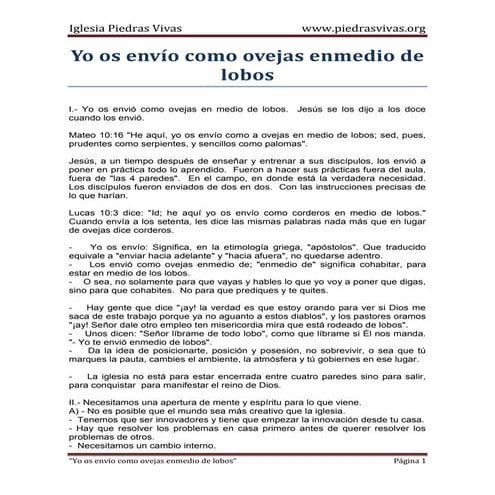 yo os envío como ovejas enmedio de lobos  - Pastor Javier Segura - Piedras Vi...