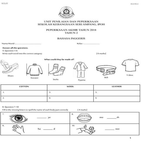 PEPERIKSAAN AKHIR TAHUN BAHASA INGGERIS TAHUN 2 2018
