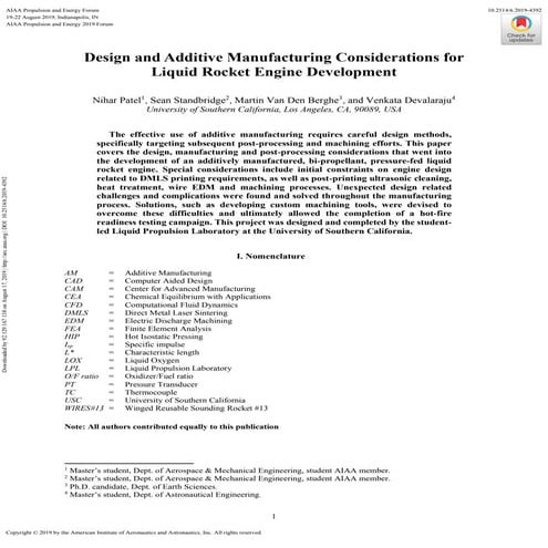 Trying For Additive Manufacture Developments Reference: Design And Additive Manufacturing Considerations For Liquid Rocket