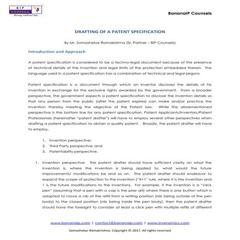 DRAFTING OF A PATENT SPECIFICATION