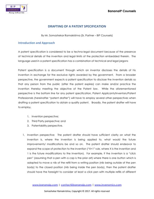 DRAFTING OF A PATENT SPECIFICATION