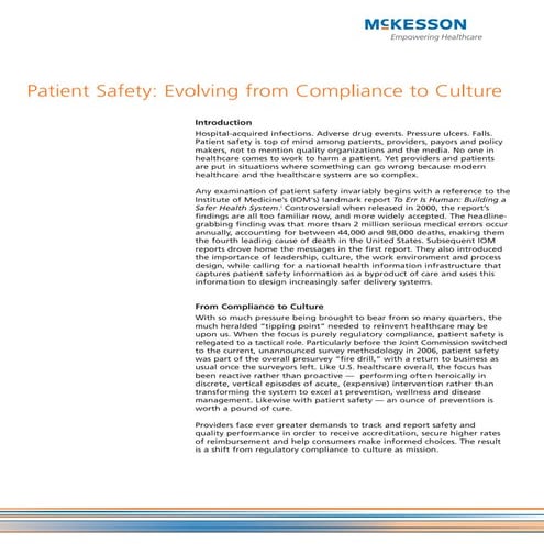 Patient Safety: Evolving from Compliance to Culture