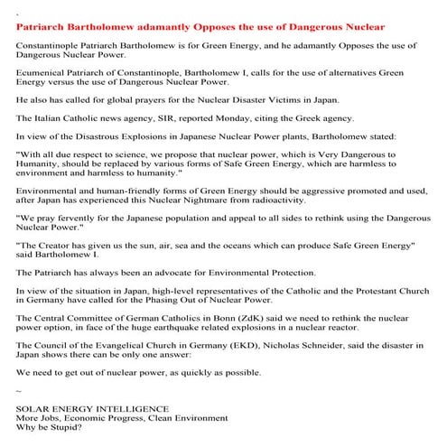 Patriarch Bartholomew adamantly Opposes the use of Dangerous Nuclear Power