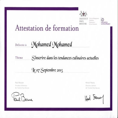 Paul Bocuse Institute Certificate 