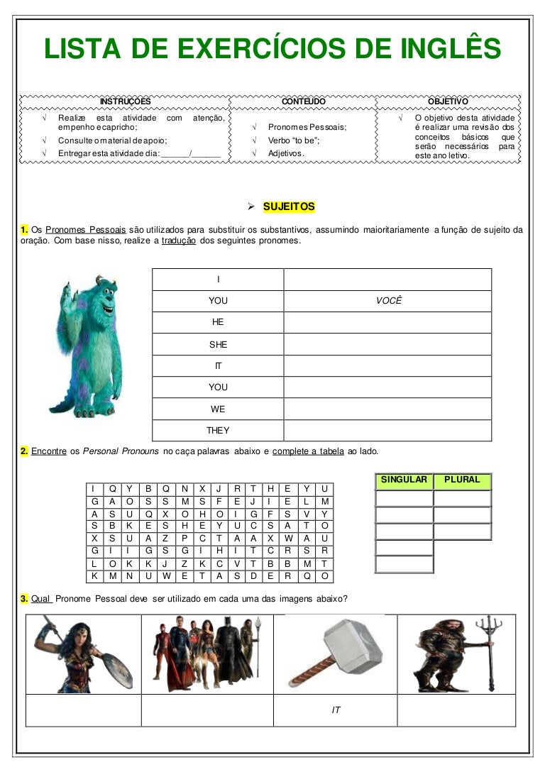 Lista de exercícios de Inglês (sexto ano)