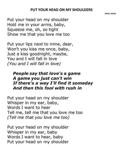 Rest Your Head On My Shoulder Lyrics Paul anka put your head on my shoulders | PDF