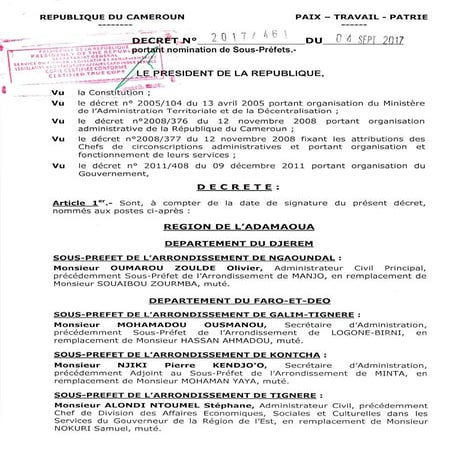 Paul Biya - Président du Cameroun - Décret n°2017461 du 04 septembre 2017 por...