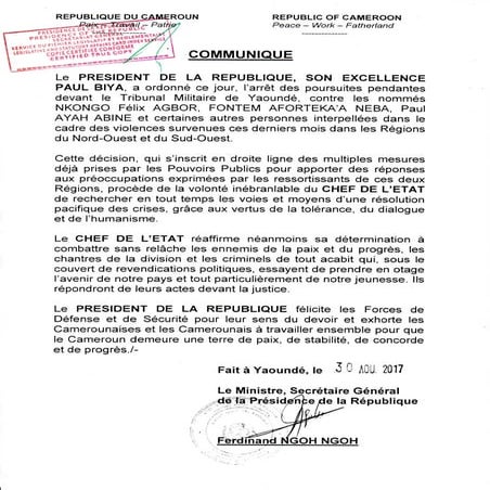 Paul Biya - Président du Cameroun - Violences dans le nord-ouest et le sud-ou...