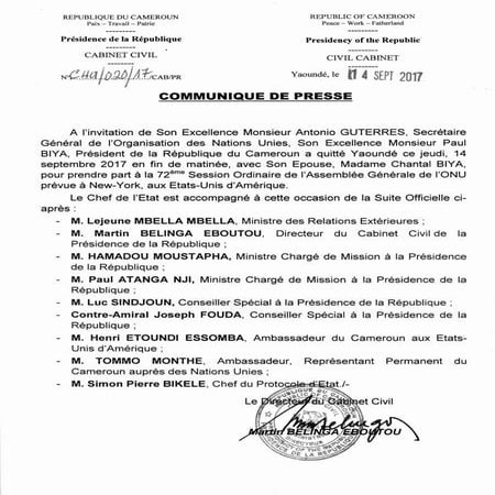 Paul Biya - Président du Cameroun - Communiqué de Presse  Participation du Ch...