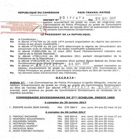 Paul Biya - Président du Cameroun - Décret N°2017474 du 06 septembre 2017 por...