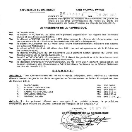 Paul Biya - Président du Cameroun - Décret N°2017475 du 06 septembre 2017 por...