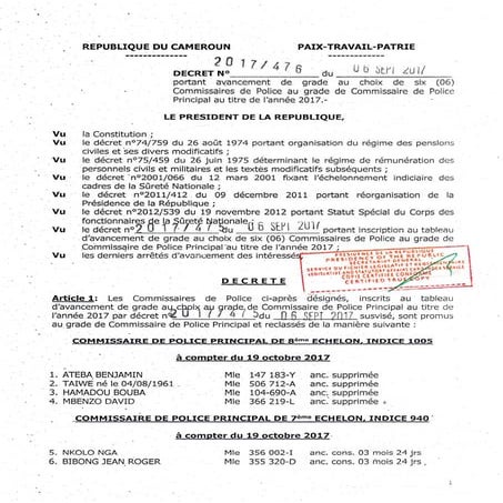 Paul Biya - Président du Cameroun - Décret N°2017476 du 06 septembre 2017port...