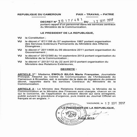 Paul Biya - Président du Cameroun - Décret N°2017481 du 12 septembre 2017 por...