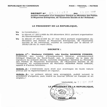 Paul Biya - Président du Cameroun - Décret N°2017482 du 12 septembre 2017 por...