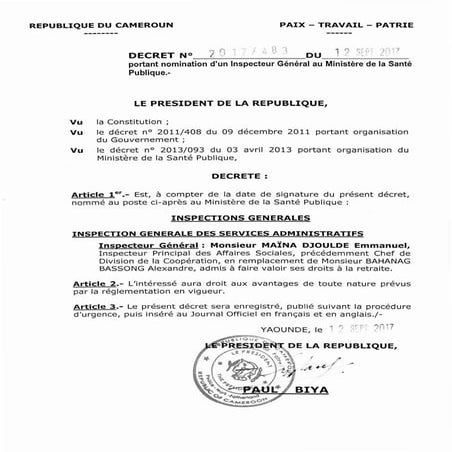 Paul Biya - Président du Cameroun - Décret N°2017483 du 12 septembre 2017 por...