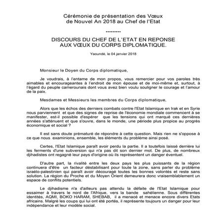 Paul Biya - Président du Cameroun - Discours en réponse aux vœux du corps dip...