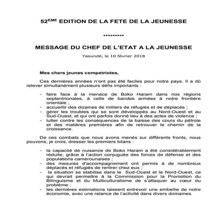 Paul Biya - Président du Cameroun - Message du Président Paul Biya à l’occasi...