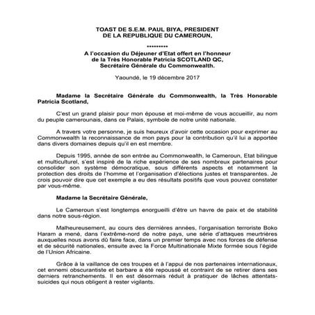 Paul Biya - Président du cameroun - Toast en l’honneur du secrétaire générale...
