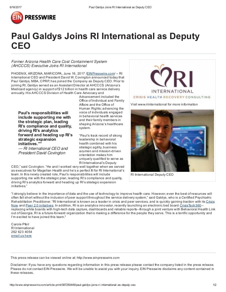 Paul Galdys Joins Ri International As Deputy Ceo