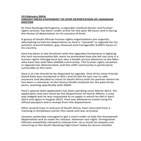 FEB 19: URGENT PRESS STATEMENT TO STOP DEPORTATION OF UGANDAN DOCTOR