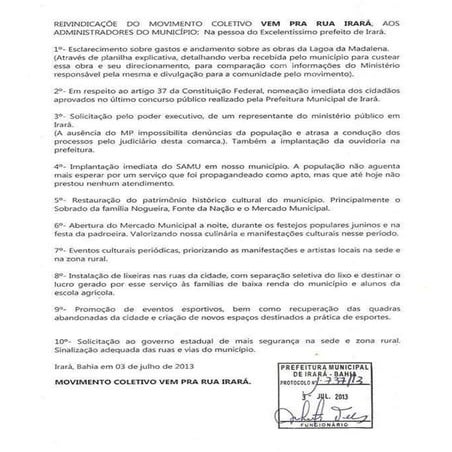 Pauta de reivindicações do vem pra rua irará julho 2013