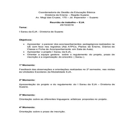 Pauta reunião da EJA