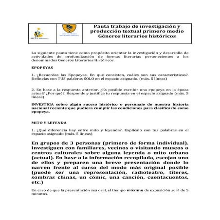 Pauta trabajo de investigación y producción textual primero medio