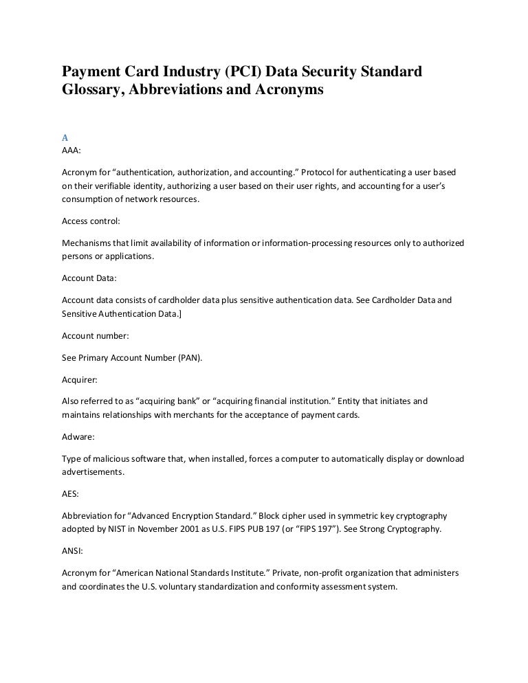 Payment Card Industry Pci Data Security Standard Glossary Abbrevia