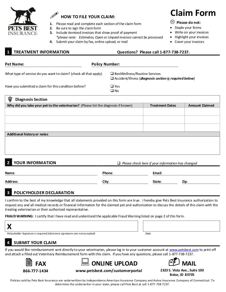 Pet's Best Pet Insurance Claim Form 2013