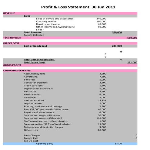 Pbl2 p & l statement - excel | XLS