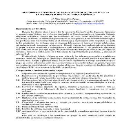 Aprendizaje cooperativo basado en proyectos aplicado a experimentación en Ingeniería Química