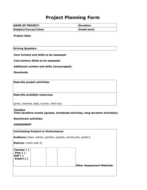 pbl planning template pbl rubric template