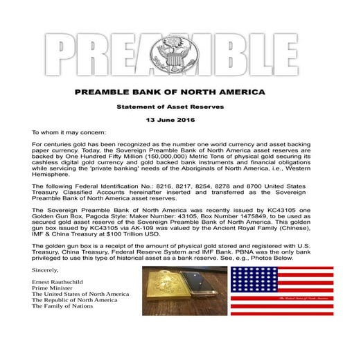 PREAMBLE BANK OF NORTH AMERICA 