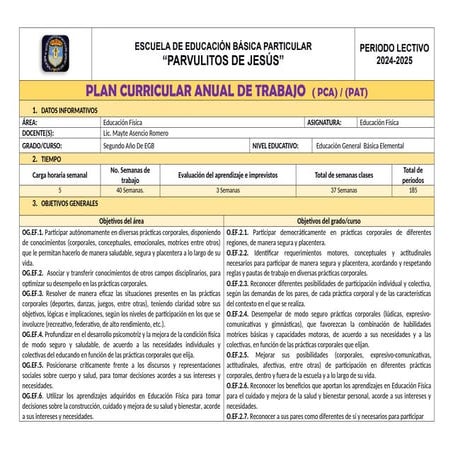 Plan Curricular Anual de Educación Física para Segundo Año EGB 2024 ...