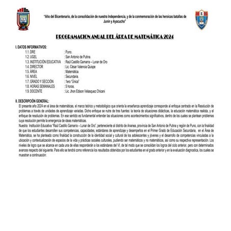 Programación anual de matemática de primer grado 2024 | DOC
