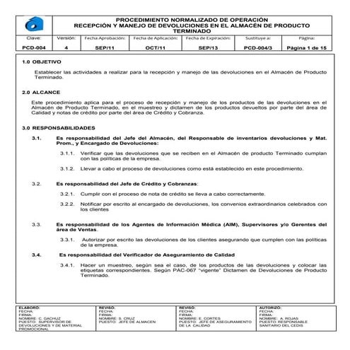 Pcd 004 recepción y manejo de devoluciones en el almacén de producto terminad...