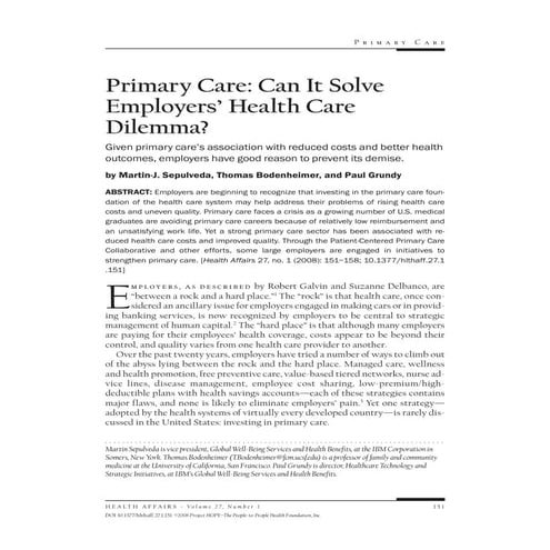 Why Emplyers care about Pimary care 2008