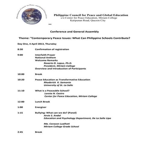 Philippine Council for Peace and Global Education Program April 2013 | DOCX