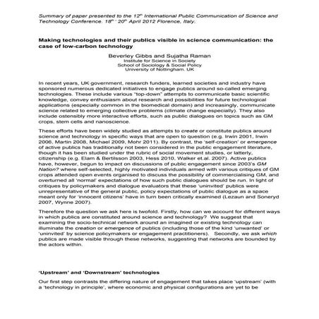 Gibbs & Raman PCST2012 Making Technologies and their Publics Visible in Scien...