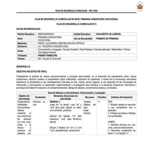 Plan de Desarrollo Curricular 2026 para Educación Primaria Comunitaria ...