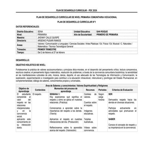 Plan de Desarrollo Curricular 2026 para Educación Primaria Comunitaria ...