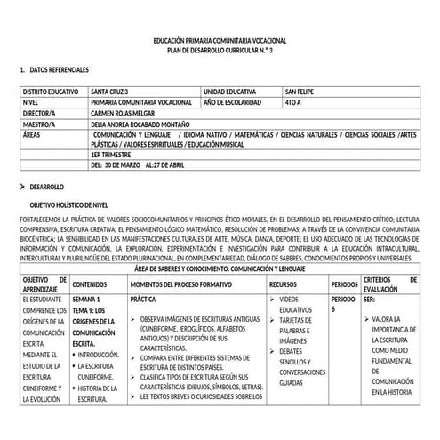 Plan de Desarrollo Curricular para Educación Primaria Comunitaria ...
