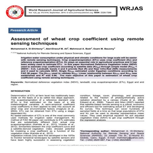Assessment of wheat crop coefficient using remote sensing techniques
