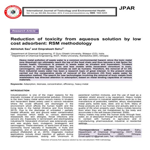Reduction of toxicity from aqueous solution by low cost adsorbent: RSM method...